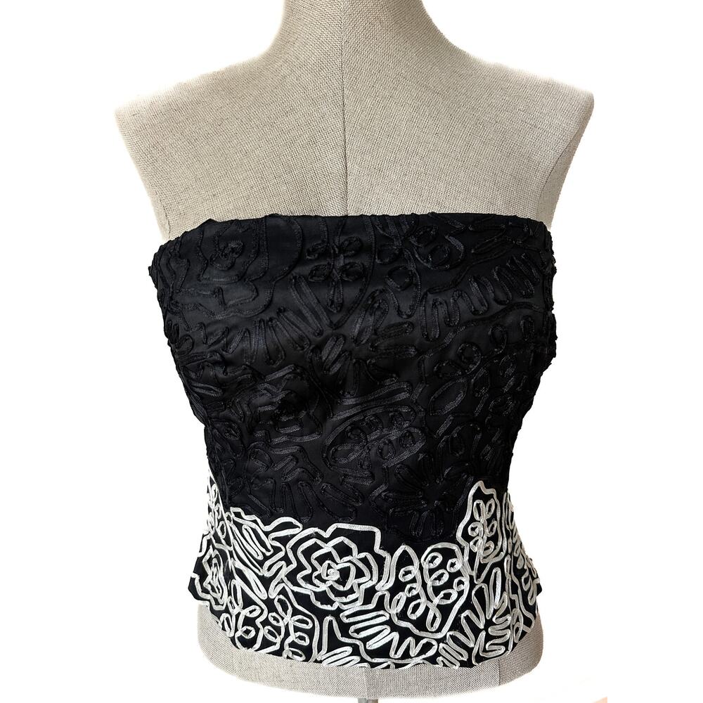 Lafayette 148 New York Black Silk Strapless Corset Top Embroidered Bustier XS 2